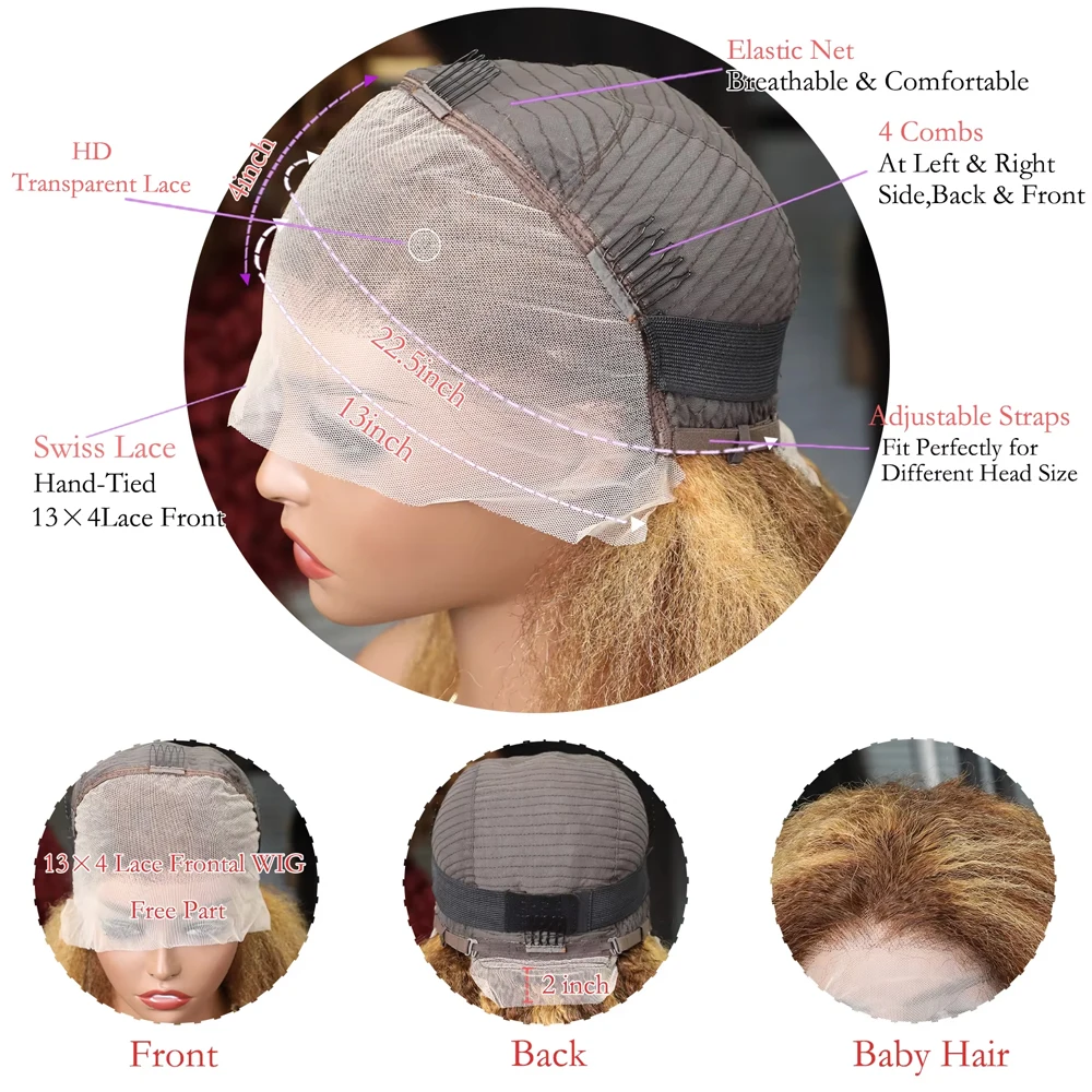 Kinky reta ombre destaque curto bob perucas 13x4 hd frente do laço perucas de cabelo humano feminino # P4/27 perucas frontais sem cola marrom Yaki