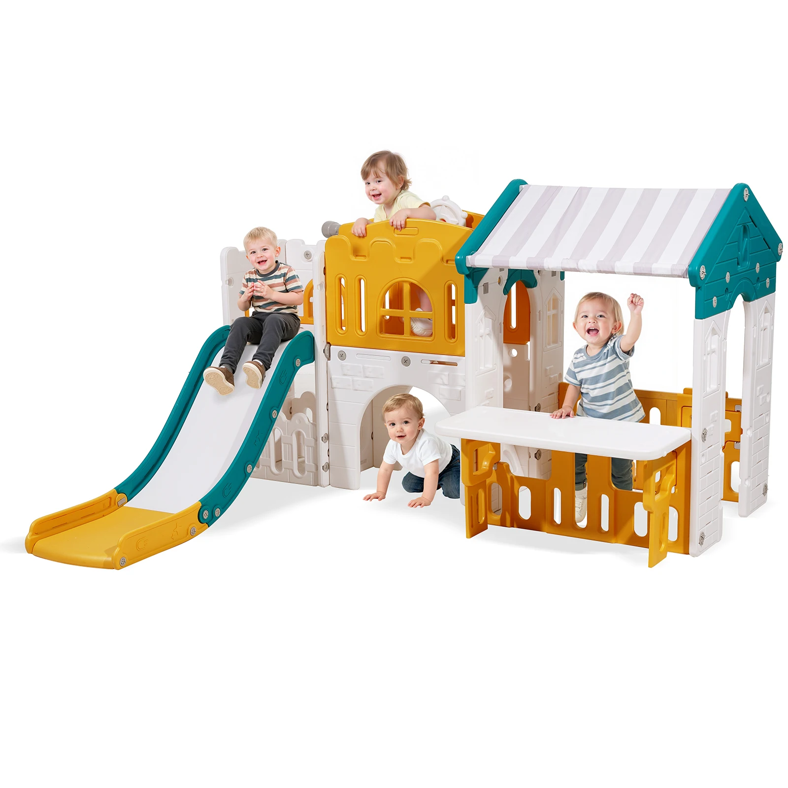 SucceBuy Outdoor Playhousefor Aged 1+ with Slide Basketball Telescope Steering Wheel Crawling Tunnel Sales Window HDPE Plastic
