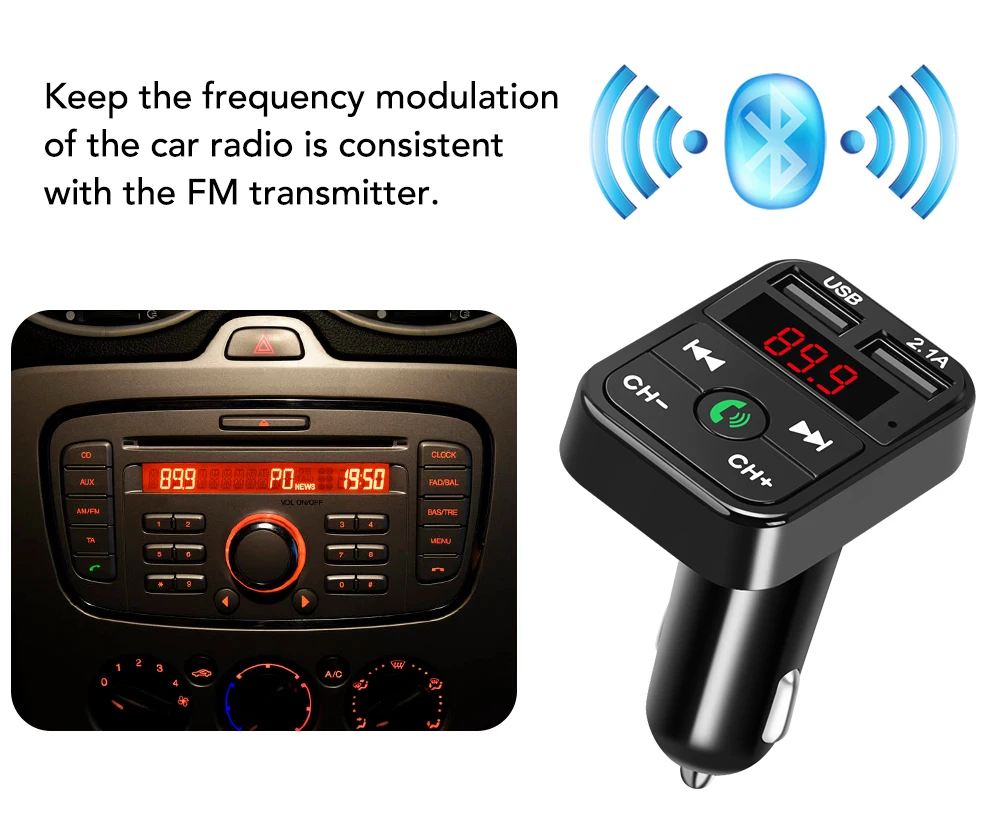 Podofo Dual USB Handsfree Wireless BT Car FM Transmitter Auto Radio MP3 Player USB 2.1A Car Charger Phone Charger