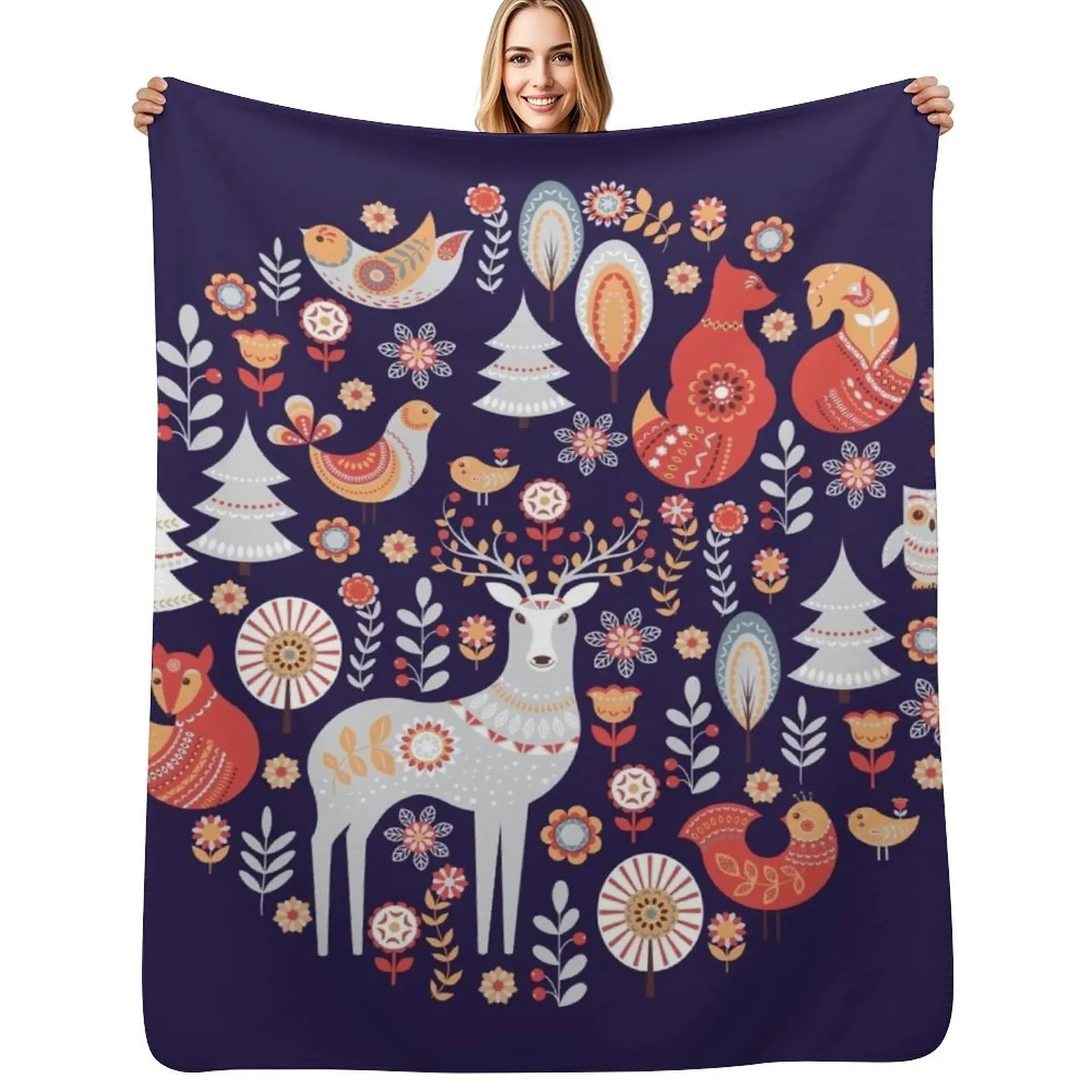 

Fairy-tale forest. Foxes, deer, birds, owls, flowers and herbs on a blue background. Throw Blanket