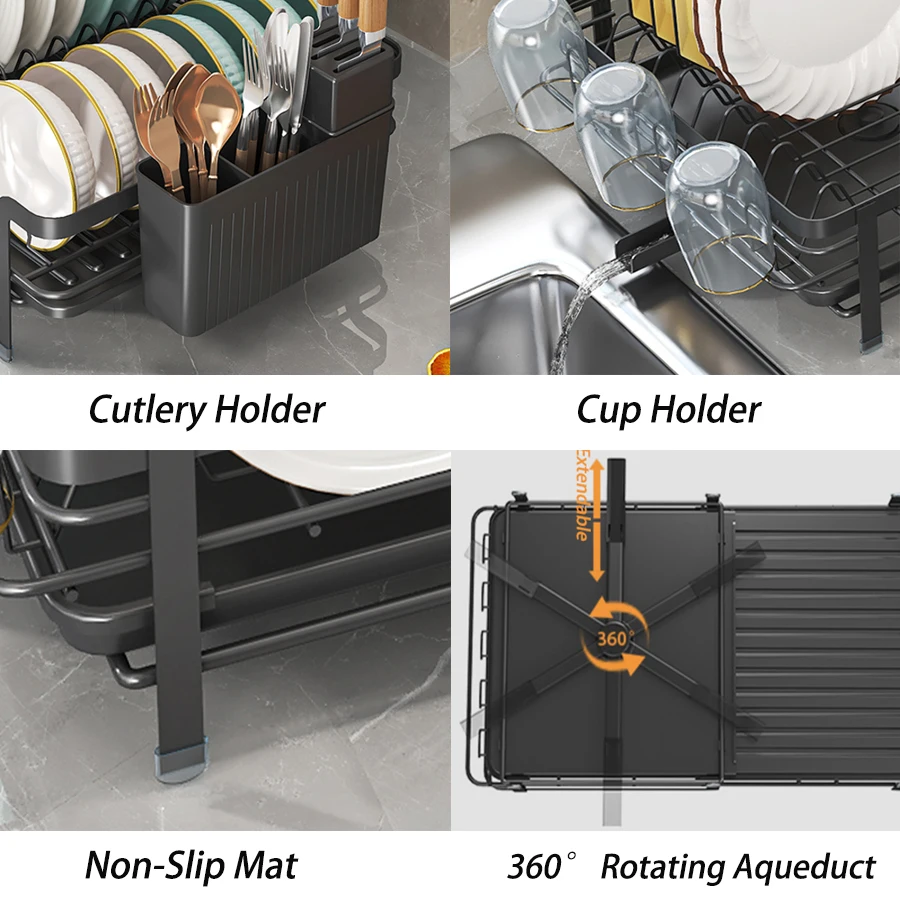 رف تجفيف الأطباق الكبير مع لوح تصريف، رف أطباق قابل للتوسيع لطاولة المطبخ، حامل أواني وخطافات أكواب، مقاوم للصدأ