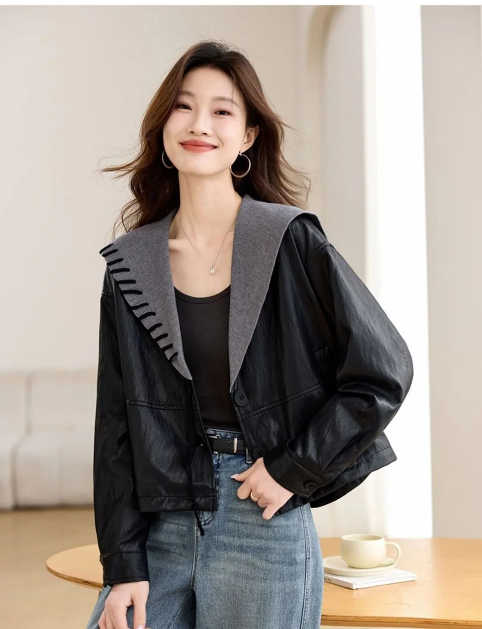 2025 primavera outono novo coreano contraste cor de malha costura jaqueta feminina outwear moda solta curto chique casual casaco de couro