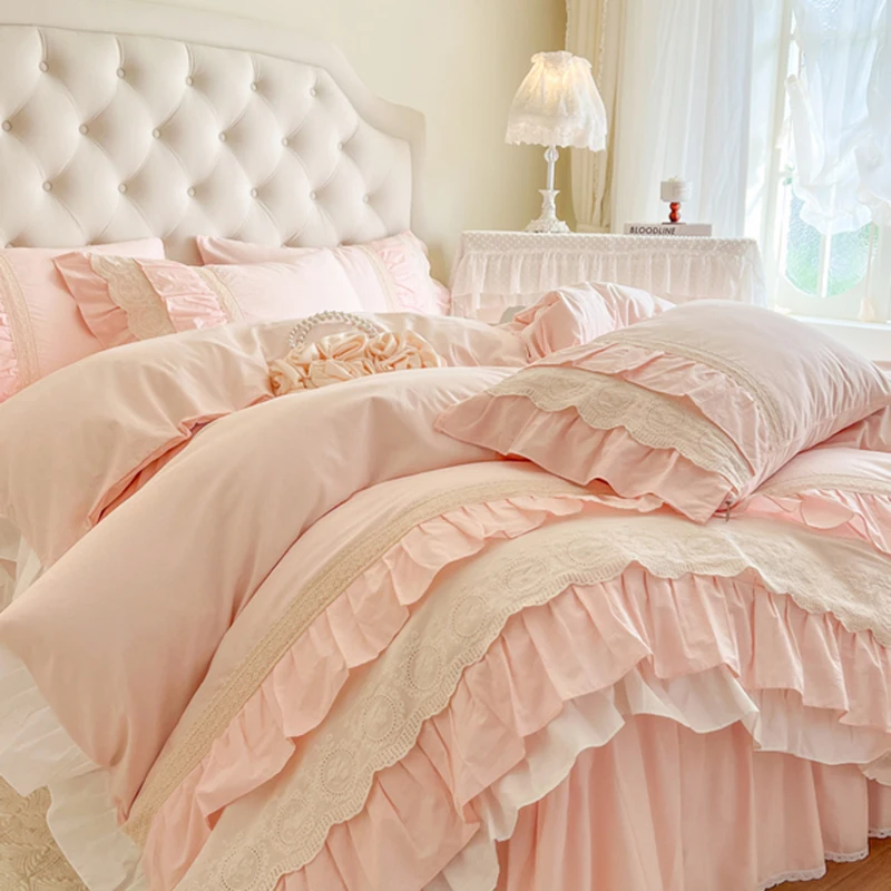 Pink Korean Princess Wedding 100% Cotton Bedding Set Four Layers Lace Ruffles Duvet Cover Bed Skirt Bedspread Pillowcases 4Pcs