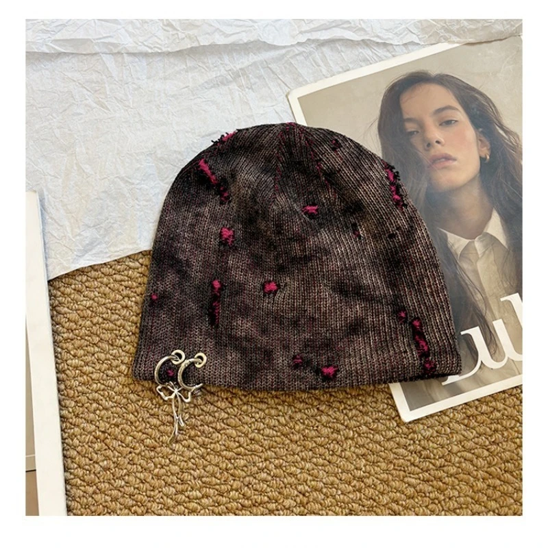 Gothic Punk Knitted Beanie, Harajuku Style Skull Cap withDetachable Chain Bow, Irregular Hole Design Winter Hatfor Men Women