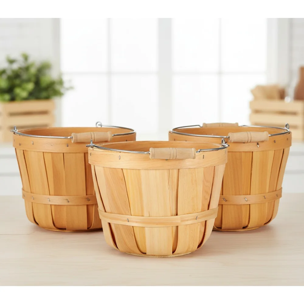 

3 Pack Round Wooden Baskets with Handle for Fruit Vegetable Storage Farmhouse Decor 4-Quart Capacity
