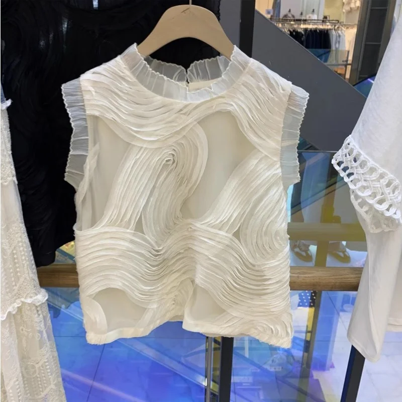 Women's Stand Collar Lace Trim Pleated Shirt Summer 2025 New Outerwear Luxury Feel Vest Top Loose Fit Regular Sleeveless
