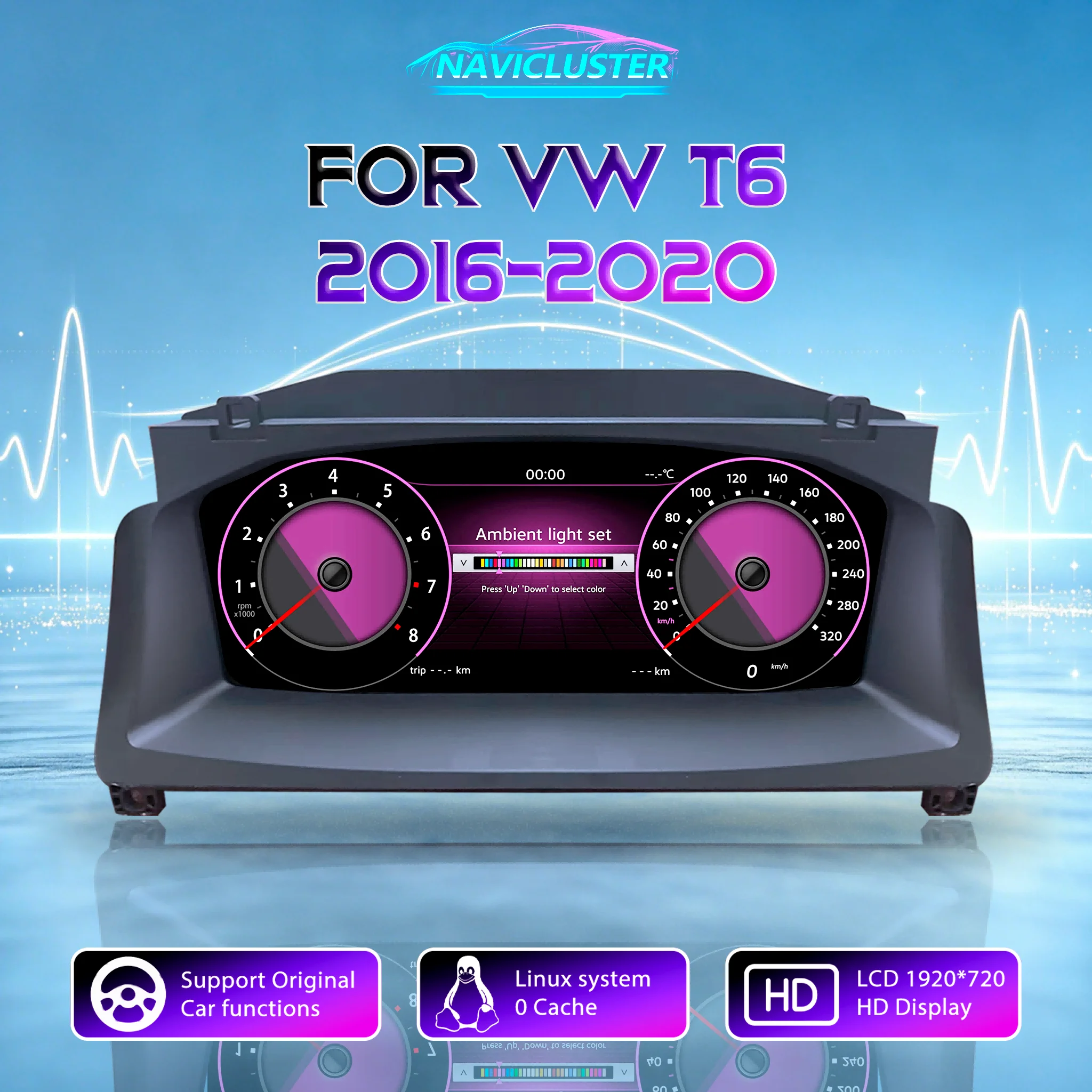 HD-Bildschirm 1920*720 Tachometer Linux LCD Digitales Armaturenbrett für VW T6 Caravelle Multivan Transporter Baujahre 2016-2020 Cluster Auto Instrumententafel Cockpit