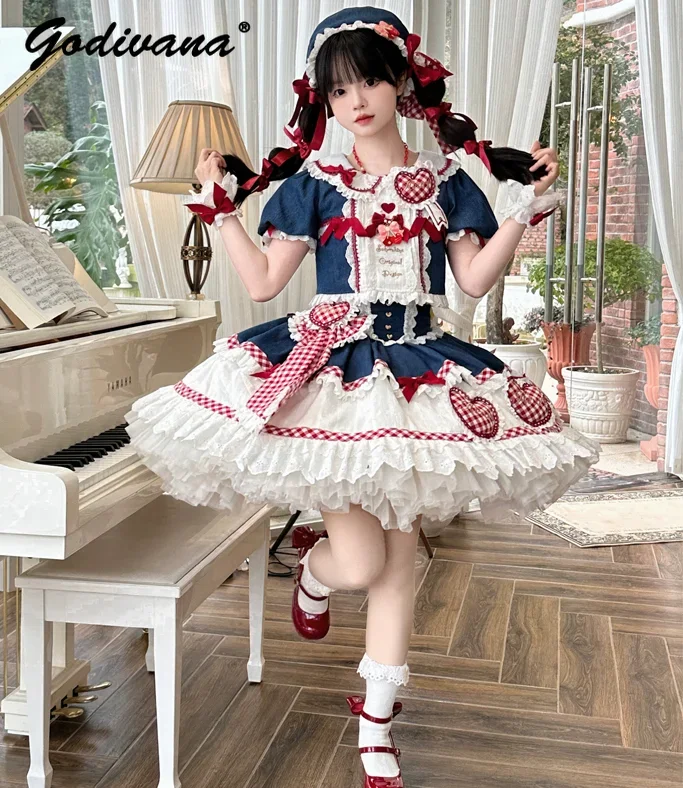 

Original Lolita Skirt Set New Spring Sweet Girls Doll Neck Denim Stitching Short Sleeve Shirt Top SK Skirt 2 Piece Set Outfits