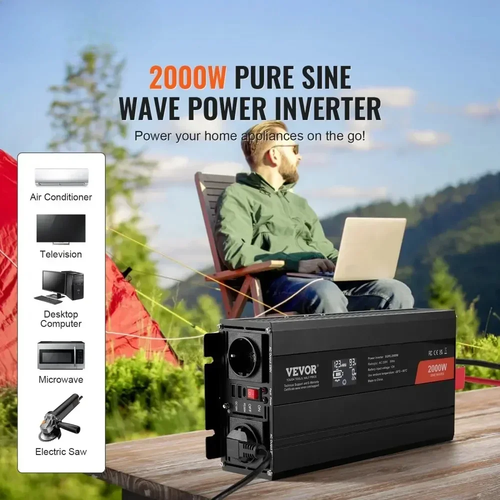 Pure Sine Wave Inverter    DC 12V to AC 230V Power Inverter with 2 AC Outlets 2 USB Port 1 Type-C Port  Remote Control