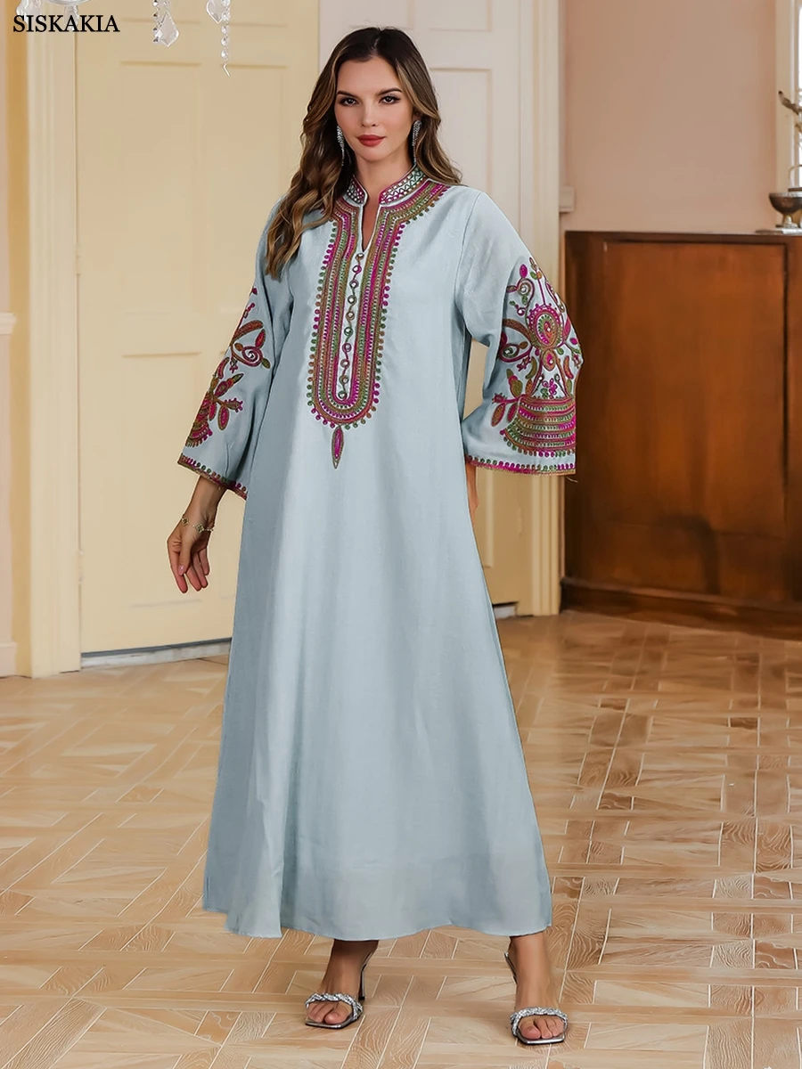 Siskakia Muslim Dubai Woman’s Abayas Embroideried Elegant Fashion Casual Loose Long Dress Moroccan Robe For Femme Musulmane 2024