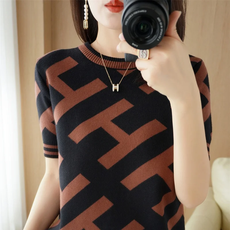 Summer Women Short Sleeve Fashion Knit Embroidery Letter Loose Sweater Tshirt Femme Vintage Luxury Designer Slim  Tee Tops