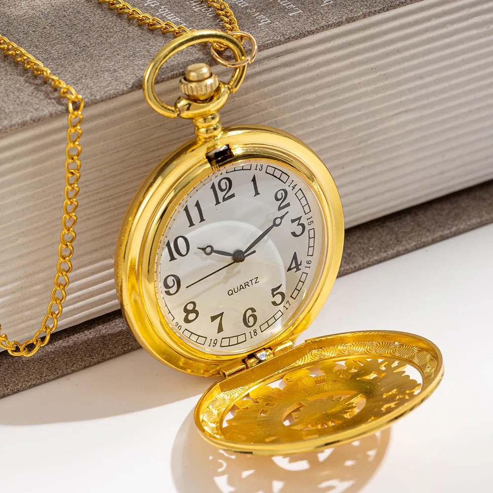 Antique Steampunk Vintage Arabic Numerals Quartz Pocket Watch Gold Case Necklace Pendant Clock Chain Mens Women