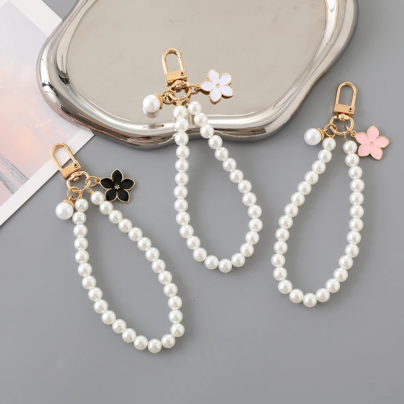 Pearl Bead Flower Bowknot Phone Chain Key Ring Keychain Bag Hanging Rope Pendant For Iphone Android Mobile Device Women Lady