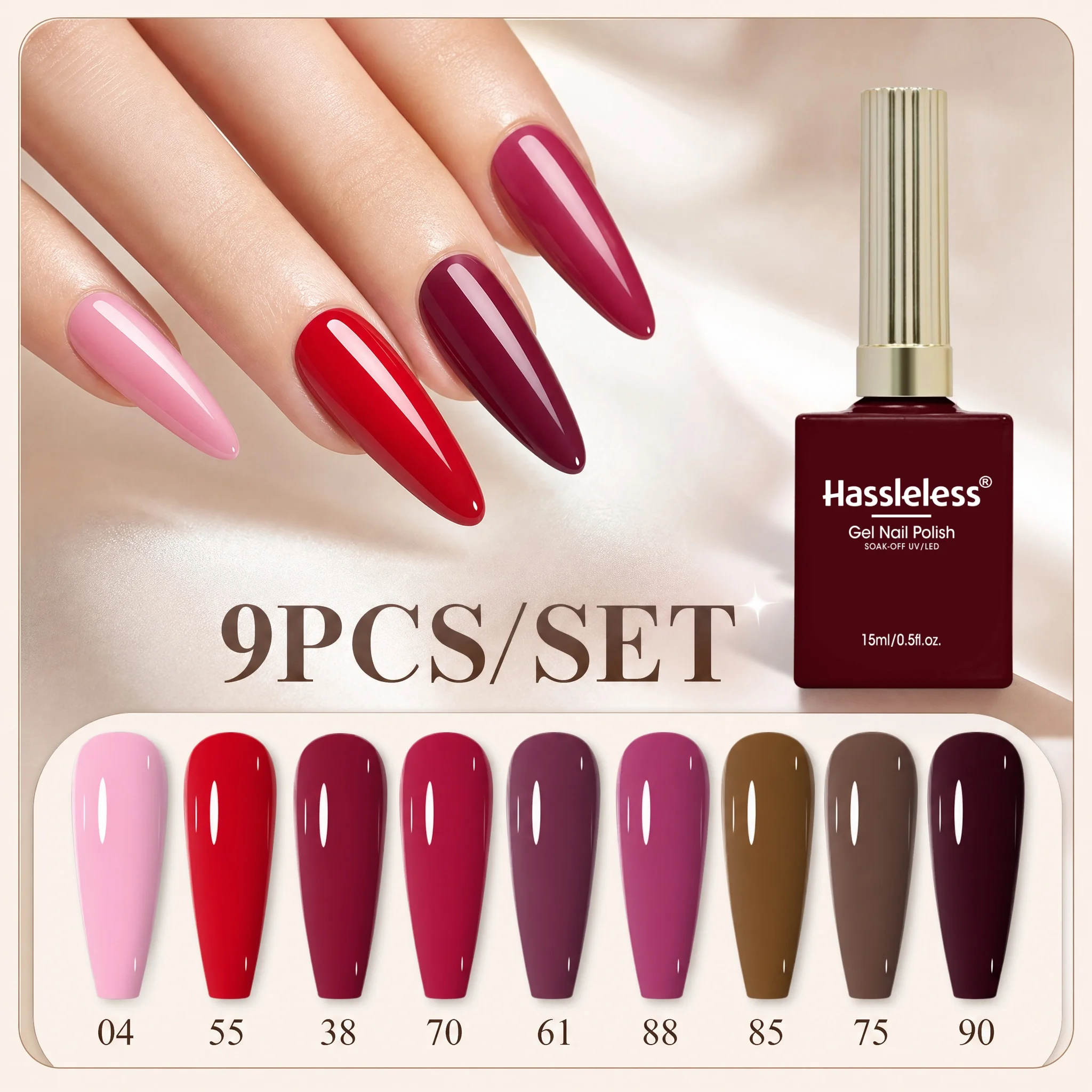 Hassleless 9Pcs Red-Brown Nail Polish Set, Including Light Pink, True Red, Burgundy, Plum, and Warm Brown Color Combinations, Covering a Variety of Everyday Styles, a One-Stop Complete Set of Nail Colors for Beginners
