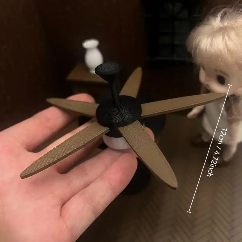 Miniature Ceiling Fan with LED Light 1/12, Vintage Working Metal Resin Dollhouse Model for Box Shadow Box Photography Props Gift
