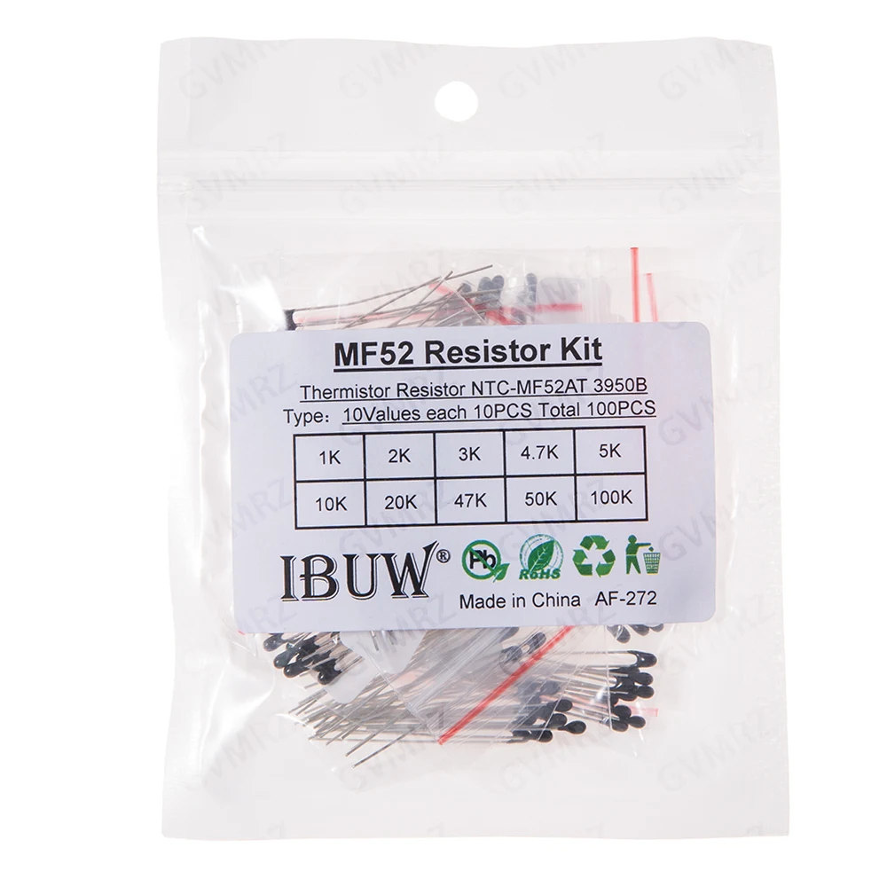 100PCS 10Values MF52 NTC Thermistor Kit 1K-100K 3950B for Temperature Sensing & Circuit Overheat Protection 20K 50K 100K 47K 5K