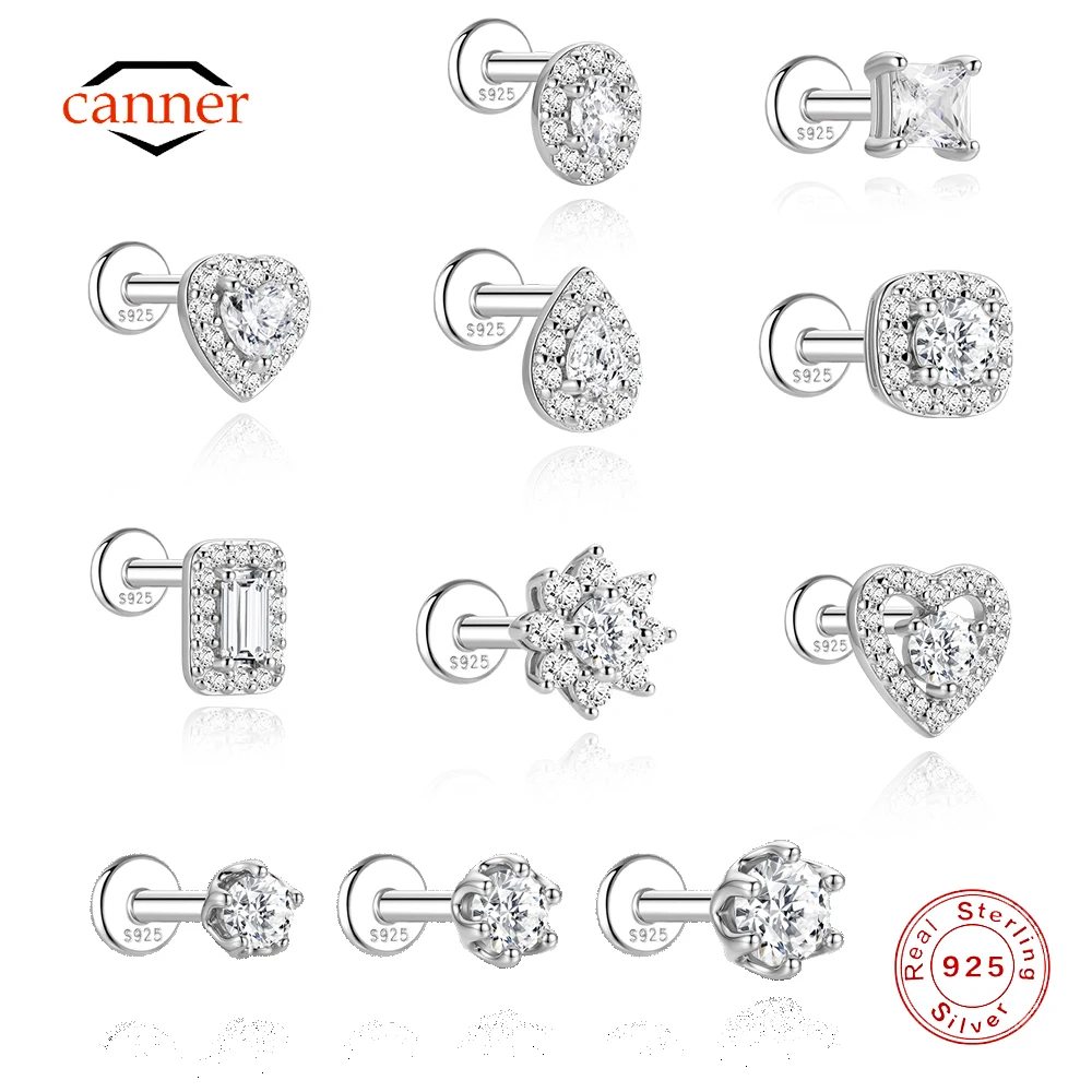 CANNER 1PC Round Square Heart Teardrop Sparkling Moissanite Stud Earring 925 Sterling Silver Flat Back Piercing Earring Gift