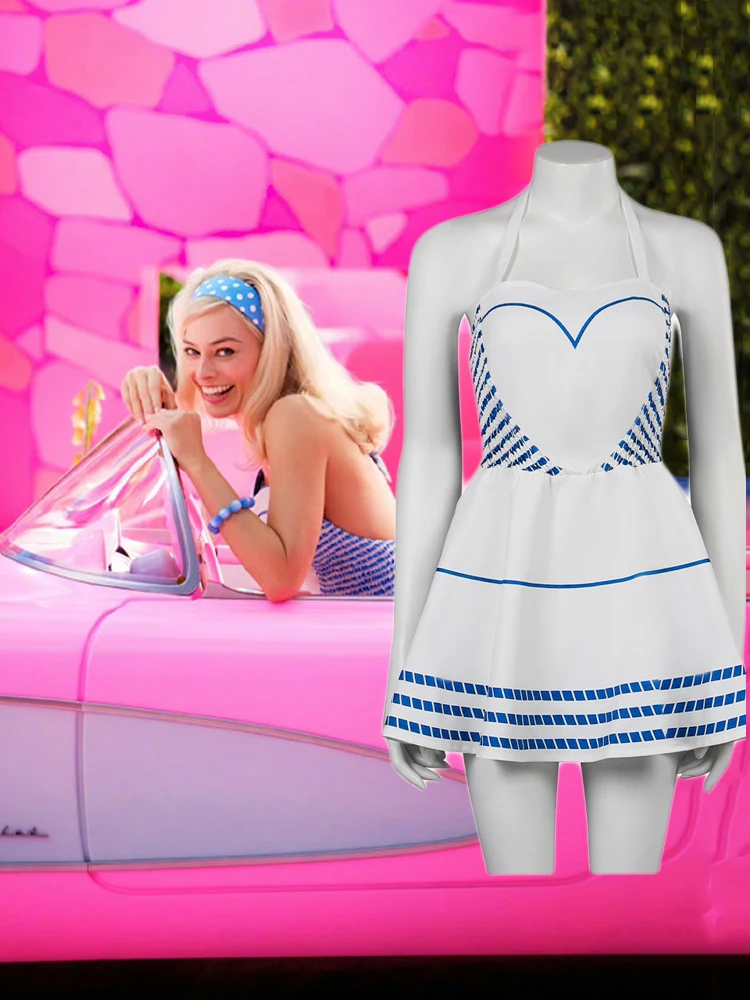 2023NEW Movie Margot Robbie's Barbi Cosplay For Woman Blue Striped Dress Halloween Costumes Halter-neck Dress Fancy Party