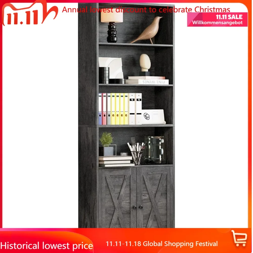 

Industrial Bookshelves and Bookcases with Doors Floor Standing 6 Shelf Display Storage Shelves 70 in Tall Bookcase forHomeOffice