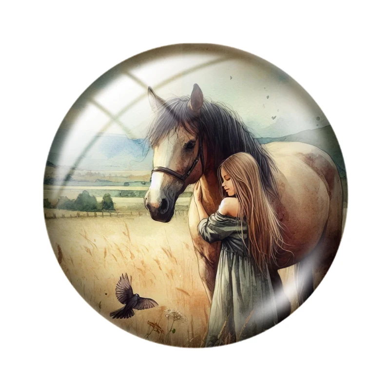 Girl With Horse 10pcs 12mm/16mm/18mm/30mm Round Photo Glass Cabochon 25mm Demo Flat Back Making findings