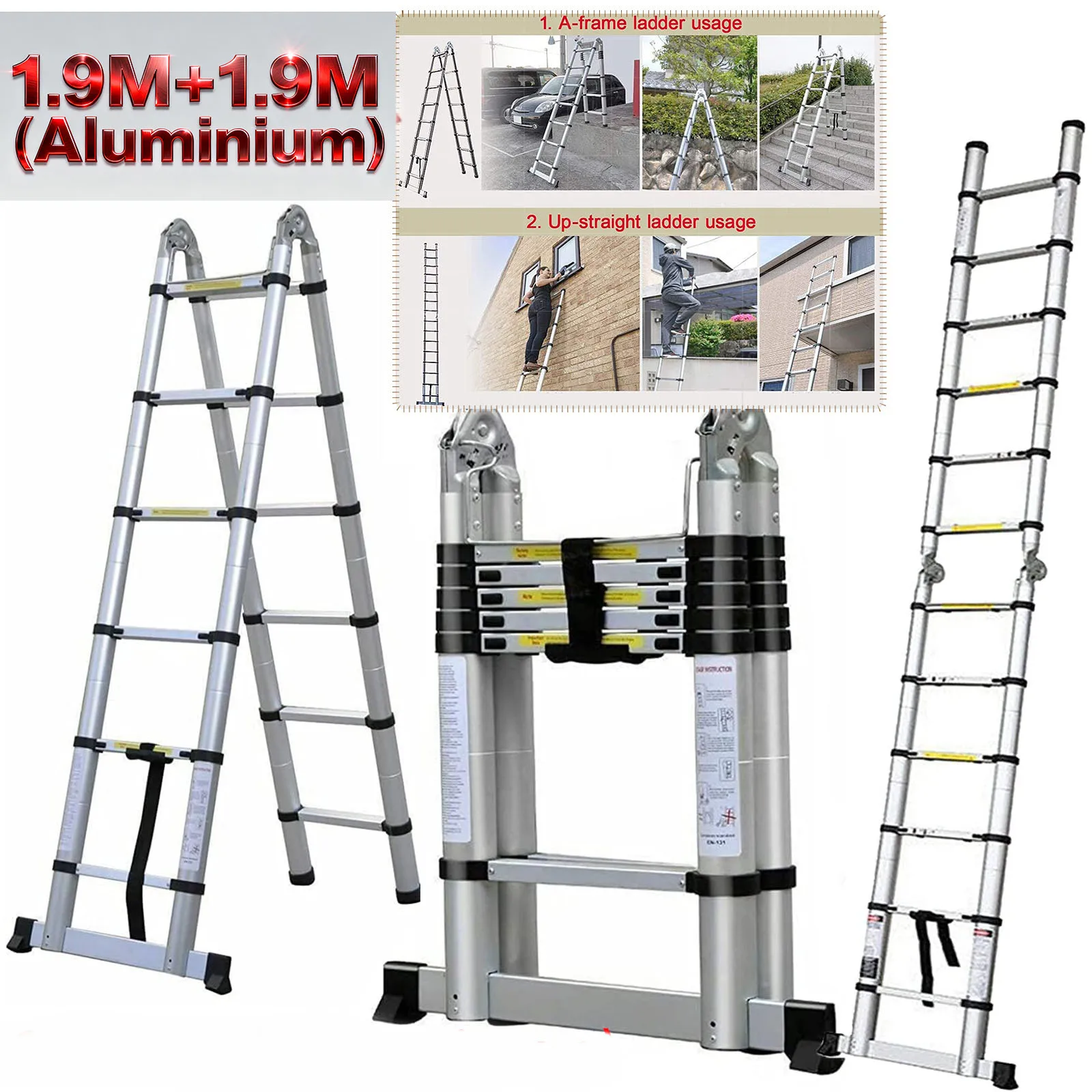 Escalera Telescópica de Aluminio 1.9M+1.9M, Tipo A 2 en 1, Plegable con Barra Estabilizadora, 6+6 Peldaños, Altura Ajustable