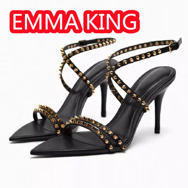 2024 New Golden Revits Sexy Pointed Toe Summer Ladies Sandals Leather Black Fashion Thin Heels Women Party High Heels Plus 42