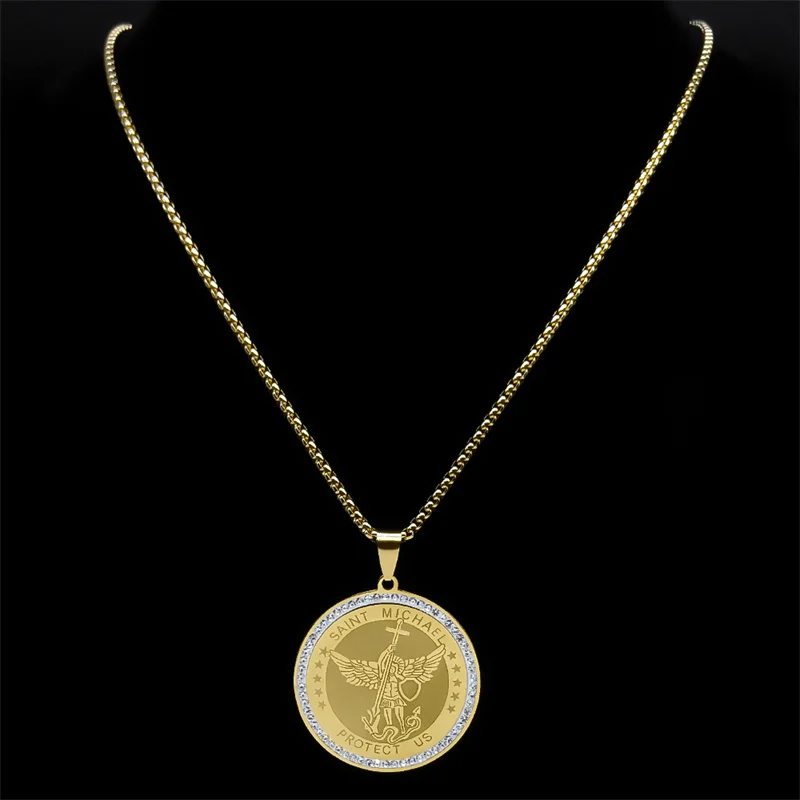 Saint Michael Archangel Medallion Necklace for Women Men Stainless Steel Gold Color Knight Shield Chain Jewelry colar NZZZ507S02