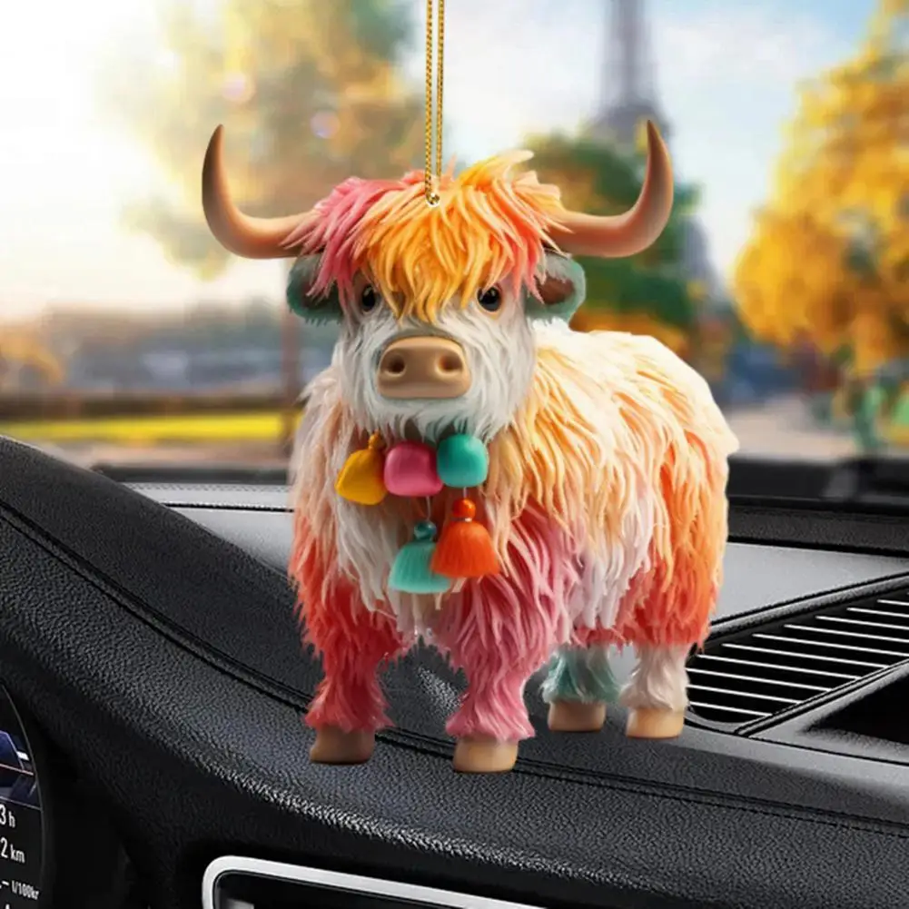 Christmas Cow Ornament Xmas Tree Cartoon Highland Cow Hanging Decor 2D Flat Acrylic Pendant for Car Rearview Mirror Tree Decor