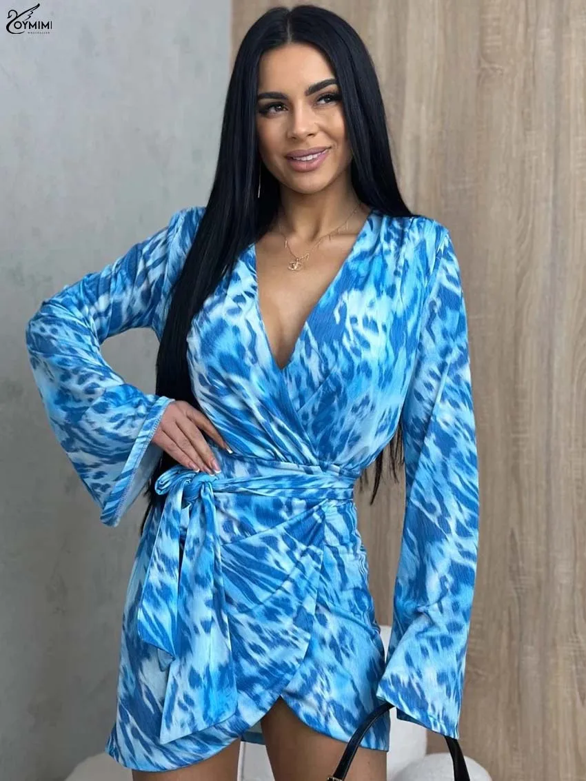 

Oymimi Fashion Blue Print Dresses 2025 Woman Elegant Deep V-Neck Long Sleeve Lace-Up Dress Autumn Straight Mini Dress Streetwear