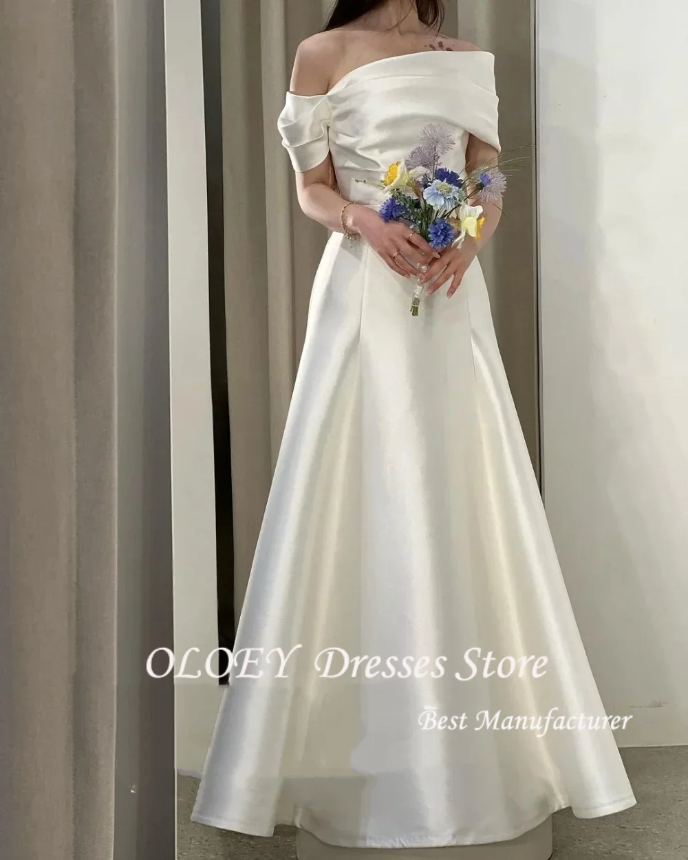

OLOEY Korea Off-Shoulder Simple Wedding Dress A-Line Satin Custom Made Formal Bride Dress 웨딩드레스 Customized Wedding Gown Bri
