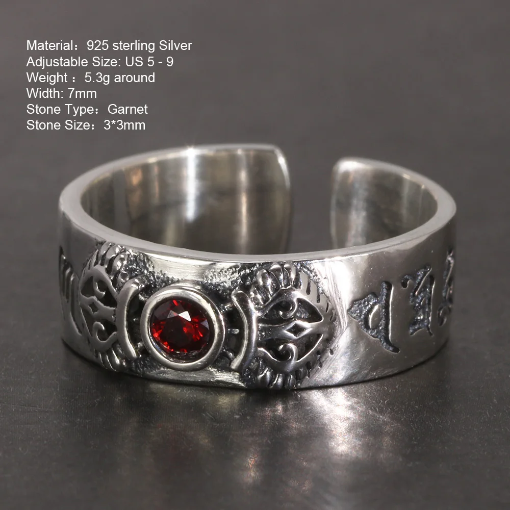 Real Pure 925 Sterling Silver Mantra Ring For Women With Natural Garnet Vintage Style Six Words Buddhist Jewelry Opening Type