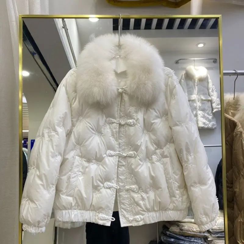Winter Down Jacket Women\'s Short White Duck Down Insulation Chinese Wind Coil Mouth Real Fox Fur Collar Winter Coat Women 2023