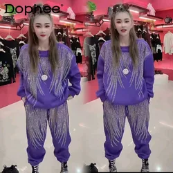 Fleece Thickened Casual Fashion Sports Suit Korean Version Hot Diamond Sweatshirts and Harlan Pants Two-piece Sets Women Outfits