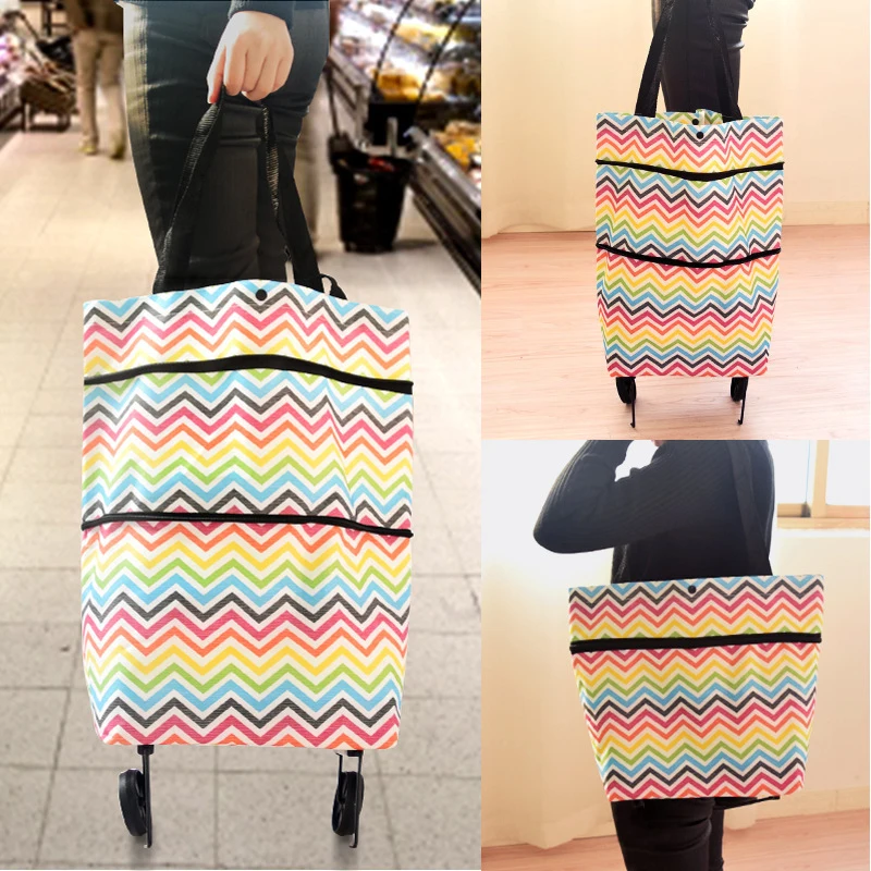 Foldable Shopping Cart with Wheels Folding Carrying Bag Waterproof Rolling Trolley Handbag Fabric Supermarket Grocery Cart Bag