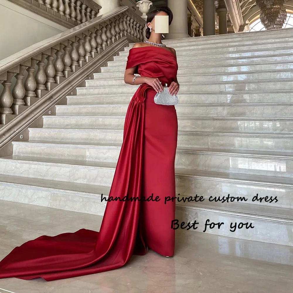 

Burgundy Satin Mermaid Evening Dresses One Shoulder Long Tight Formal Prom Dress Arabia Dubai Celebrate Party Gowns with Train