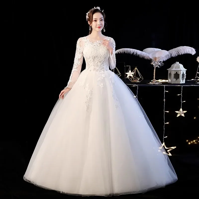 Cheap White Wedding Dresses Embroidery O-neck Full Sleeves Lace up Princess Floor-length Plus size Simple Bride Ball Gowns XN045