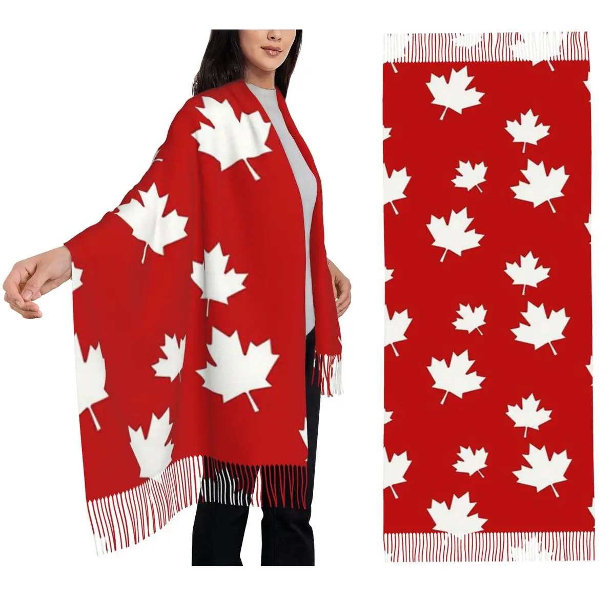 Patrón de bandera de hoja de arce de Canadá rojo blanco bandera de Canadá bufanda bufandas con borlas chales y chales de mujer chal largo de Otoño Invierno