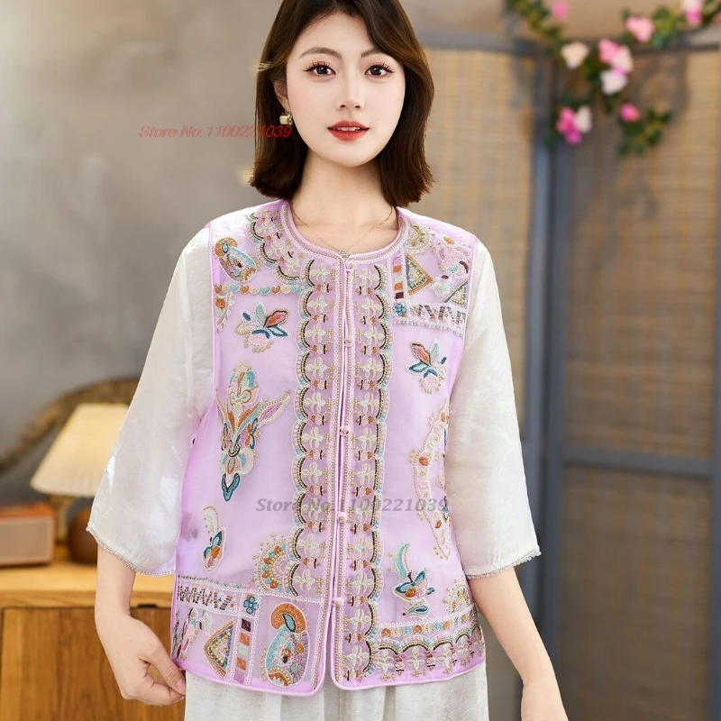 

2026 chinese vintage organza vest traditional flower embroidery o-neck vest hanfu tops vintage sleeveless jacket ethnic vest