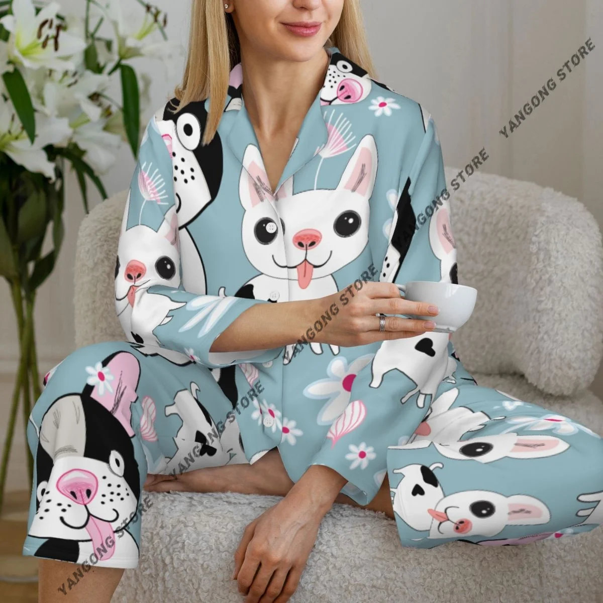 

Women's Pajamas Long-sleeved Girl Loungewear Two-piece Set Funny Dog Pattern Pajamas for Autumn Spring