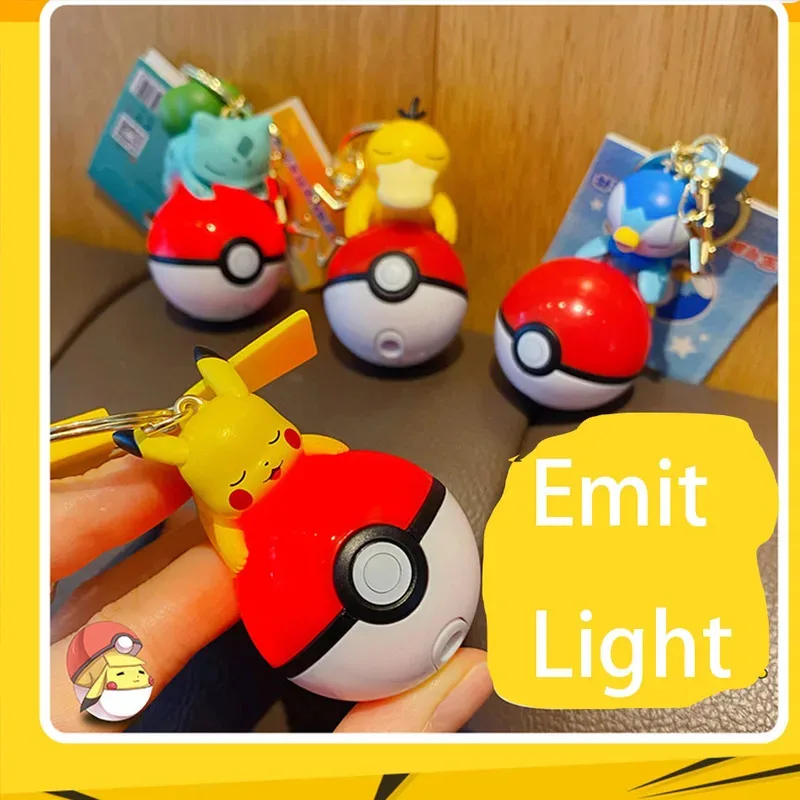 Hot Pokemon Original Model Toy 6cm Keychain Pikachu Bulbasaur Piplup Psyduck Light Up Pendant Character Figure Glow In The Dark