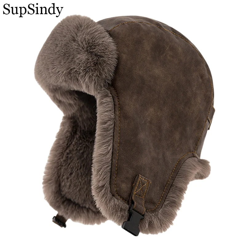 SupSindy Men Winter Bomber Hat Outdoor Motorcycle Windproof Thicken Warm Faux Fur Pilot Earflap Hat Leather Thermal Ushanka