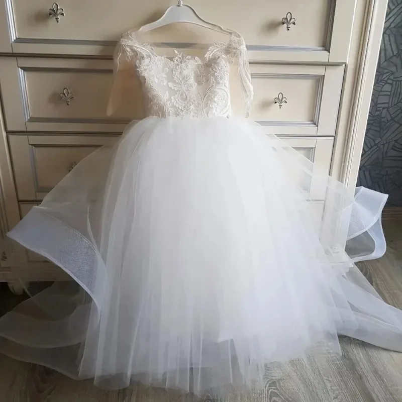 Lazo de encaje trasero personalizado para niña, vestido de cola extraíble para fiesta de boda, vestido de primera comunión para niños pequeños