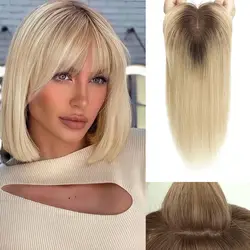 14 Inches Hair Topper for Women Blonde Ombre Hair Pieces Extensions With Bangs 100% Remy Human Hair Topper With Dark Brown Roots