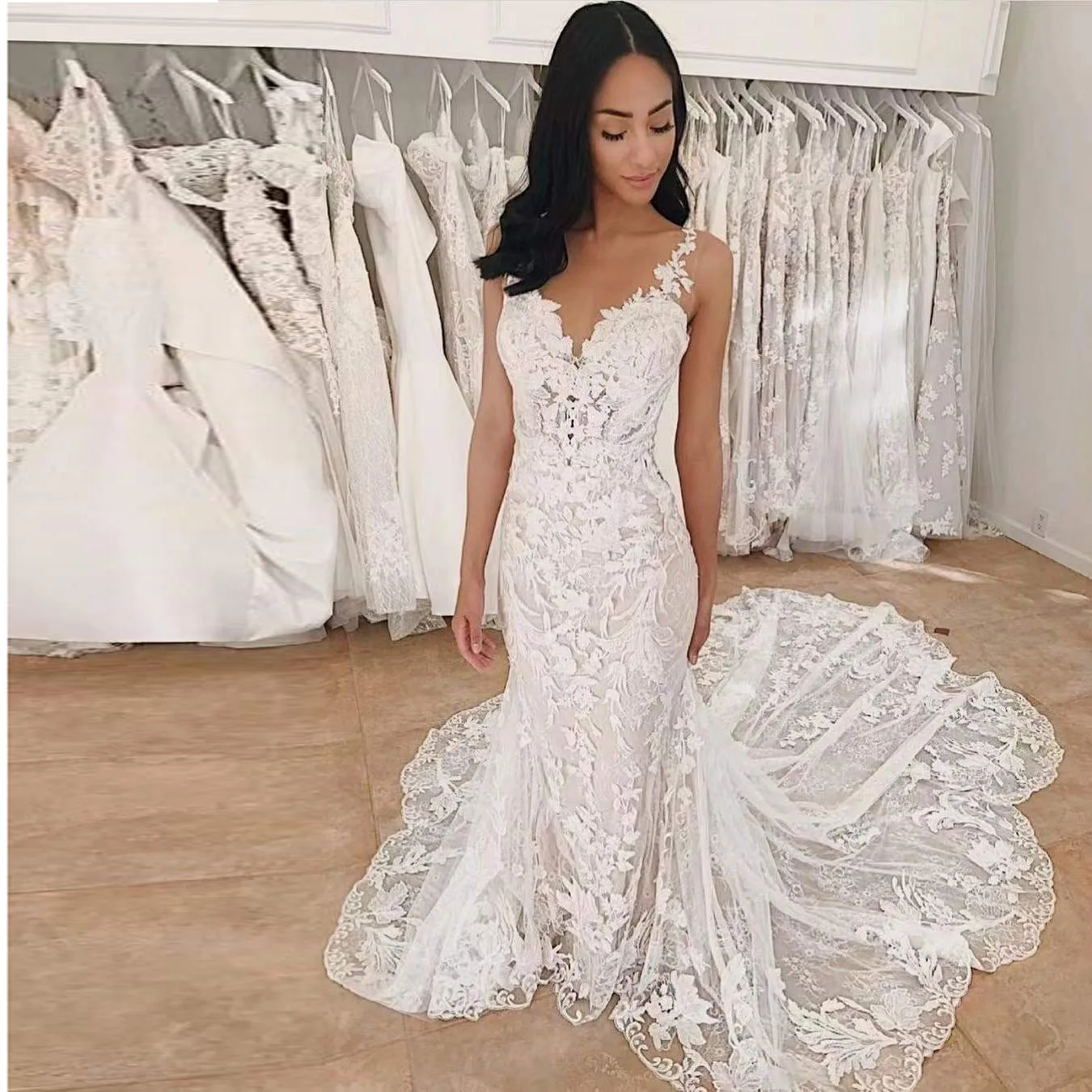 Novo elegante sereia vestido de casamento apliques sem mangas querida renda formal festa vestidos de noiva tribunal trem robe de mariée