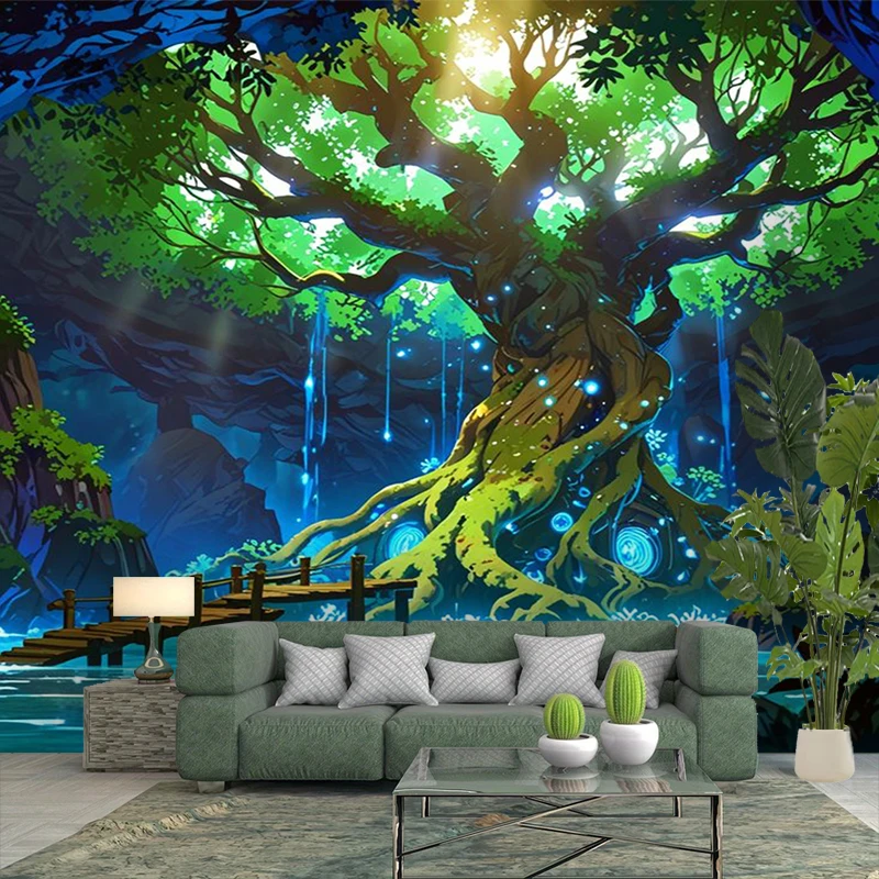 1PC Fantasy Tree Cave View Art Print Backdrop Banner, Bedroom Living Room Photo Background, Polyester, Home Decor, Wall Art