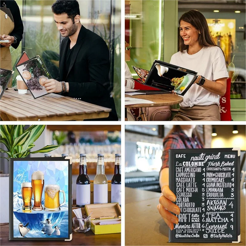 レストラン用透明メニューカバー、カバーブックは8.5x11インチの標準サイズに適合、メニューホルダー、4ページ、8ビュー、6個