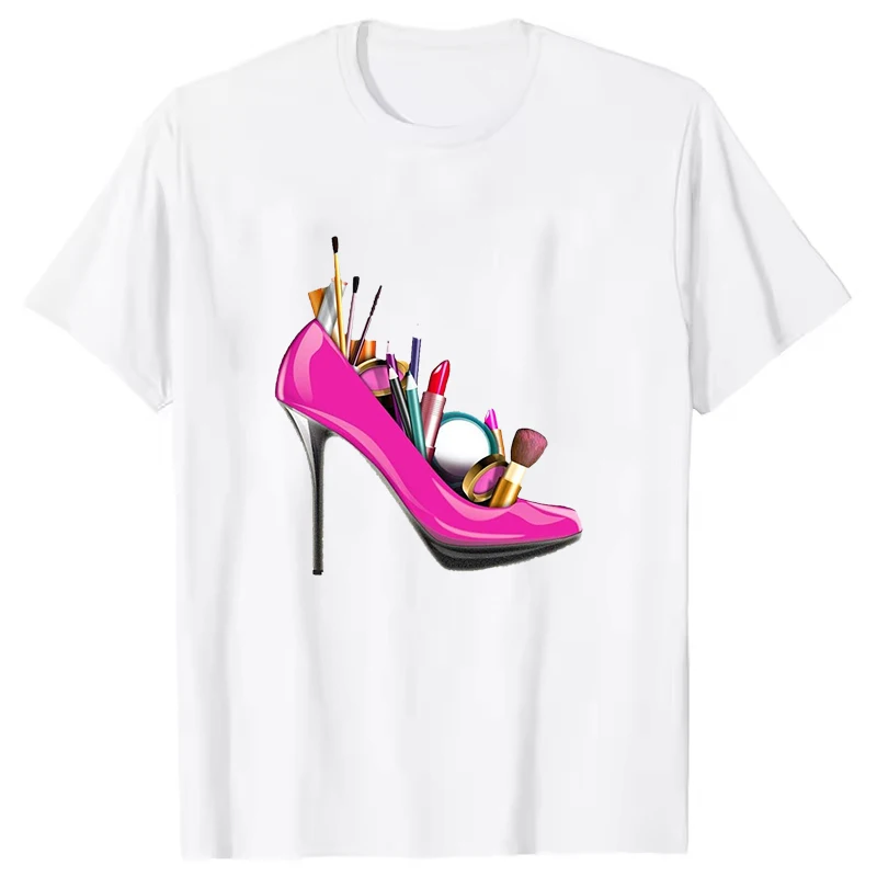 Cosmetics High Heels Pattern Men Women T-Shirt Short Sleeves Fun Unisex Tee Summer Trend Large Size Round Neck Couple Top Shirts
