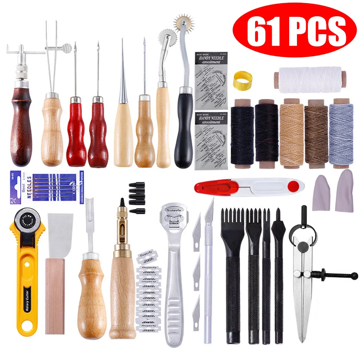 61Pcs Professional Leather Craft Tools Kit Home Hand Sewing Stitching Punch Carving Work Saddle Leathercraft DIY Accessories