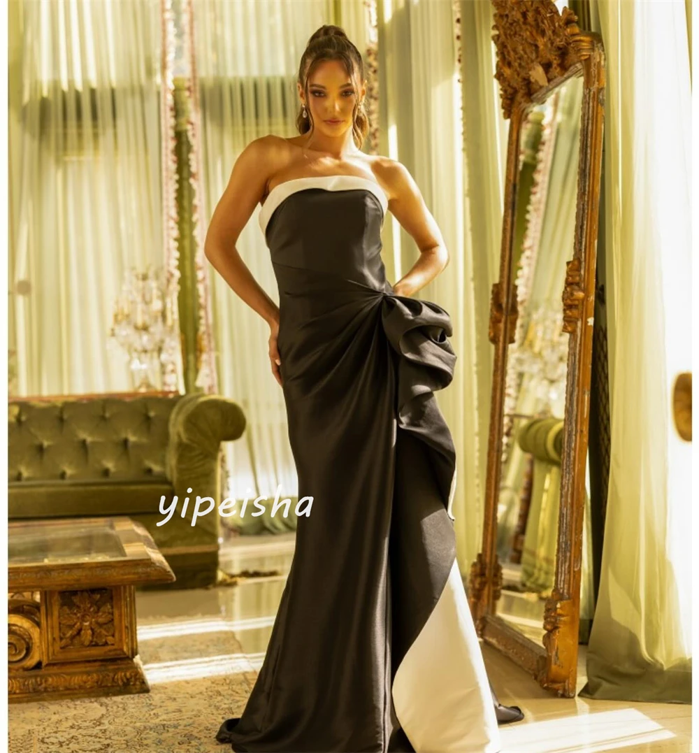 Customized Modern Style Sizes Available Satin Pleat Ruched Draped Mermaid Strapless Long Dresses Celebrity Dresses High Quality