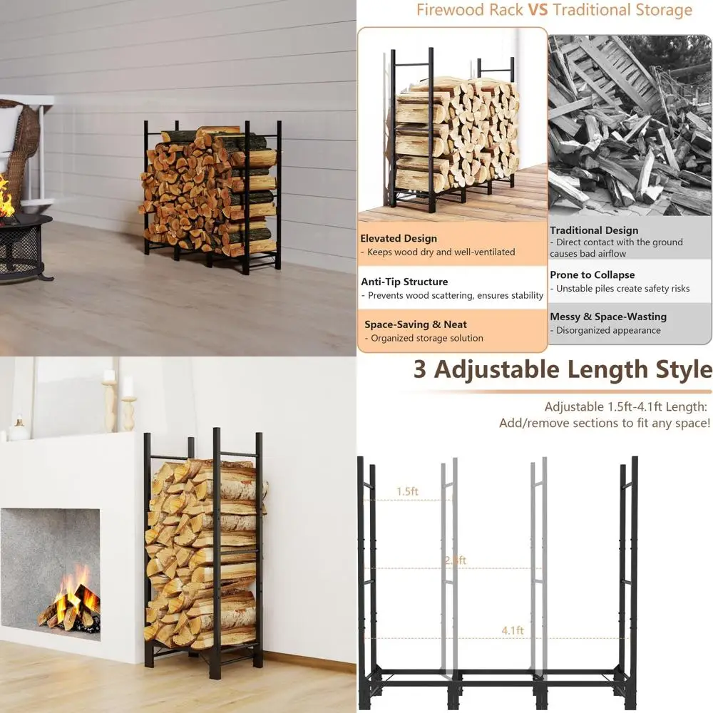 

Adjustable Metal Log Rack for Indoor or Outdoor Use, Heavy-Duty Wood Storage Organizer with Stacker Stand, Black